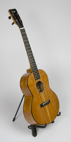 David Dart Cherry Baritone Ukulele, Style 2 (2015): Cherry top, sides, back & neck; ebony fingerboard, binding, bridge, & peghead overlay; abalone Dart logo, soundhole inlay, and fingerboard dots; sterling silver fingerboard side dots