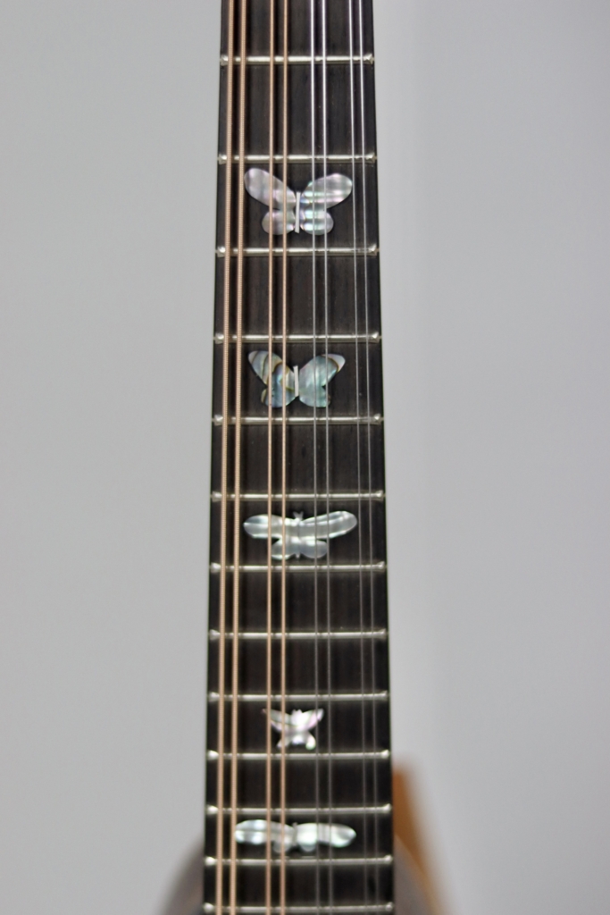 Custom David Dart redwood & walnut A-5 mandolin with abalone “butterflies” peghead & fingerboard inlay